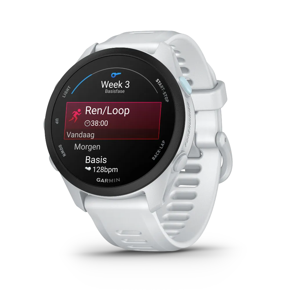 Forerunner70_HR_Whitestone_Front-Left_Garmin_Run_Coach_Glance_nl-NL.webp